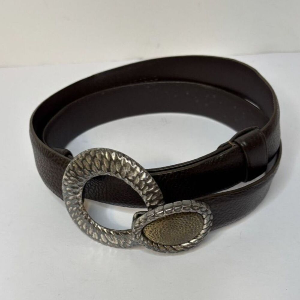 Chico’s Dark Brown Textured Leather Belt Interlock Hammered Silver & Gold Buckle - Picture 1 of 6